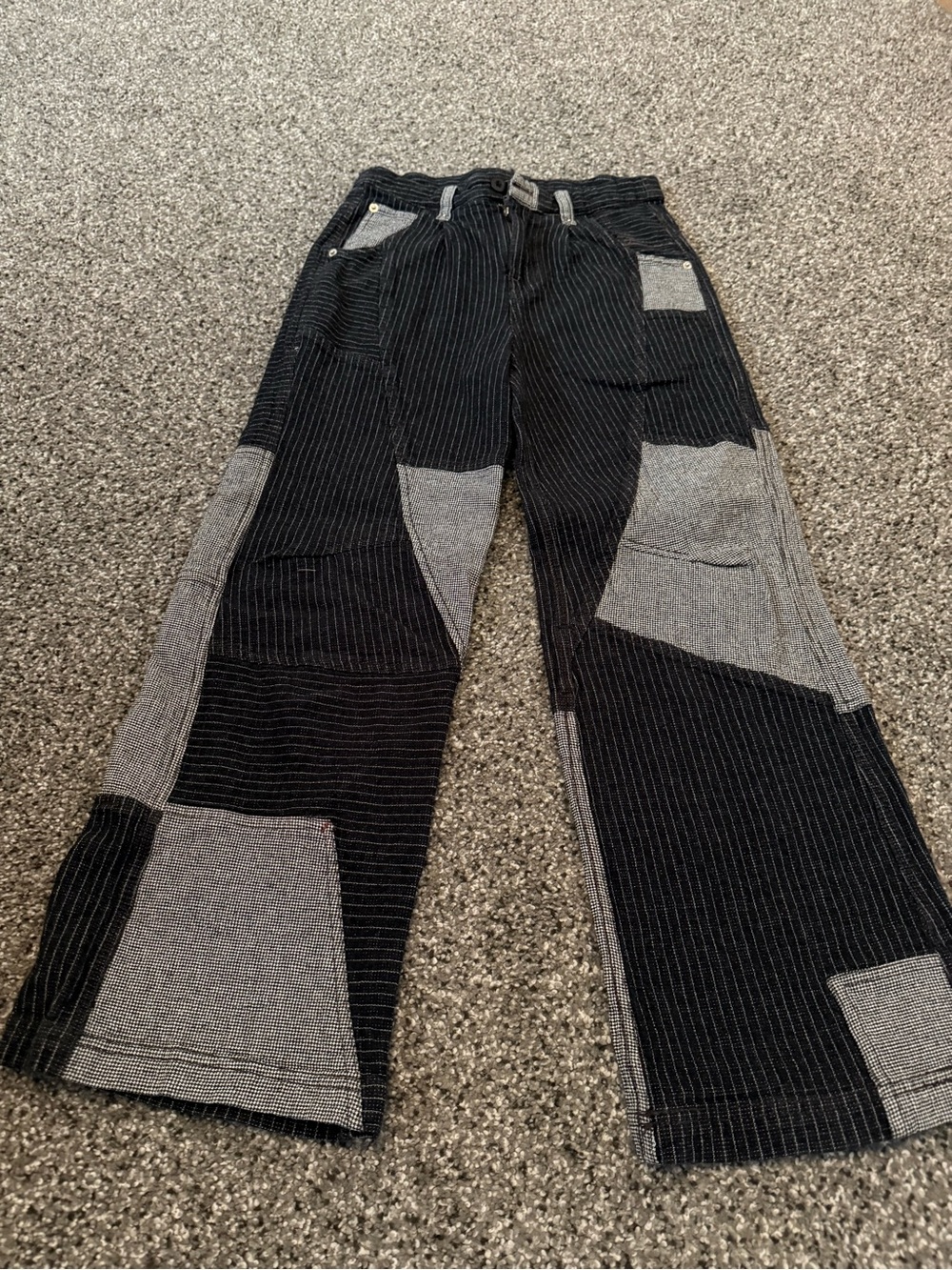 Free People Black & Gray Patchwork Straight-Leg Pants